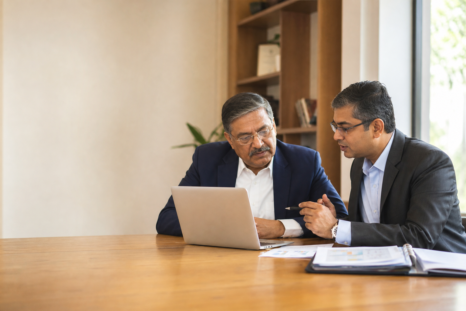 Indian business leader and technology consultant reviewing a modernisation plan